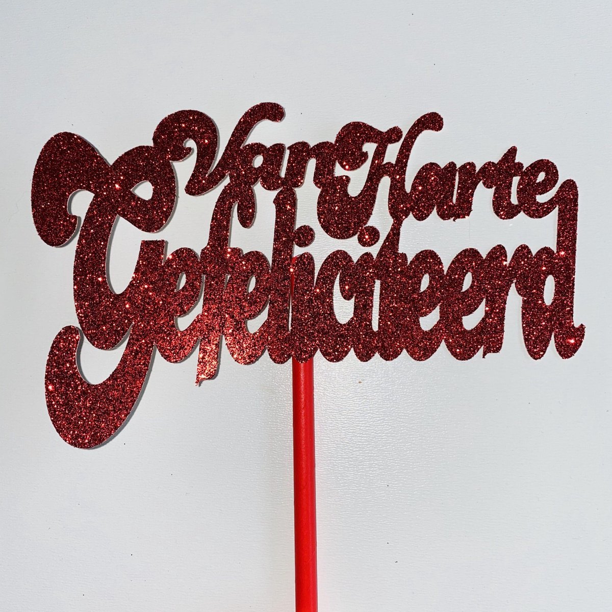 Taarttopper| Cake topper |Gefeliciteerd| Verjaardag| Rood glitter|16 cm| karton